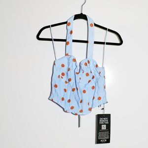 NEW ASTR The Label Janie Polka Dot Halter Corset Tank Top Blue Rust Small